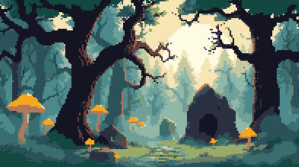 Pixelated Forest Scene: Mushrooms, Ancient Ruins, and Sunlight