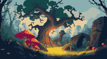 Pixel Art Mysterious Forest Glade with Mushroom and Ancient Ruins