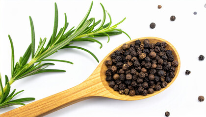 Fresh rosemary sprig and black peppercorns in wooden spoon. Aromatic herbs and spices.