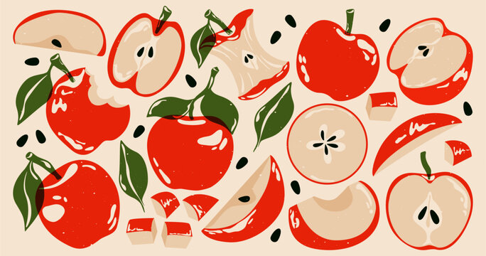 Red apples. Fresh apple fruits with leaves and seeds, ripe apples whole and cut pieces, abstract tropical fruit with leaf, peel, natural organic sweet sour ingredients. Vector risograph set - Powered by Adobe