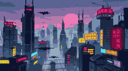 Retro Pixel Art Cyberpunk Cityscape with Flying Vehicles and Neon
