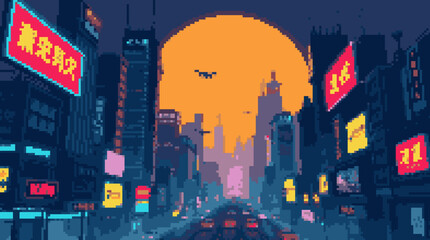 Retro Pixel Art Cyberpunk Cityscape with Flying Vehicle Silhouette