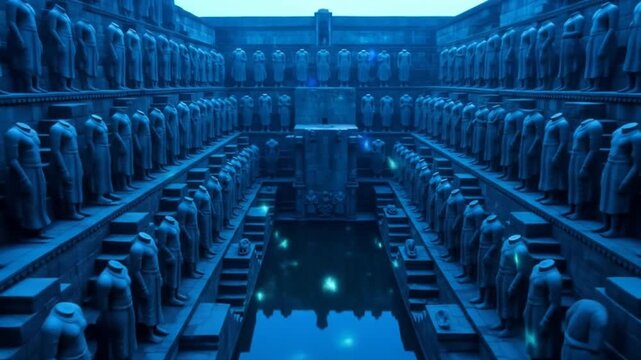 Chand Baori Stepwell: Ancient Indian Architecture with Statues and Reflecting Water in Blue Tones
