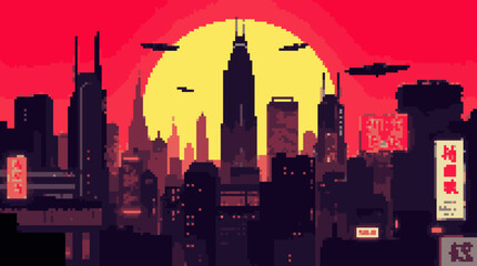 Pixelated Cyberpunk Cityscape at Sunset with Flying Cars