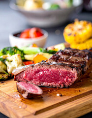 Fototapeta premium Delicious lean grilled medium-rare beef steak in cut. Tasty food for dinner. Cooking and culinary