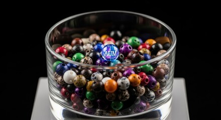 AUM symbol bead atop colorful beads in a clear glass bowl against black background.