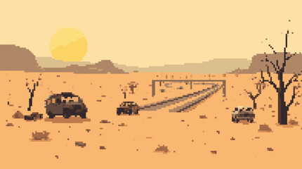 Pixelated Desert Road Trip: Cars, Tracks, Sun, and Dying Trees