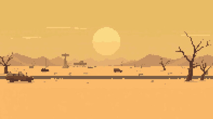 Pixelated Desert Landscape with Road and Vehicles
