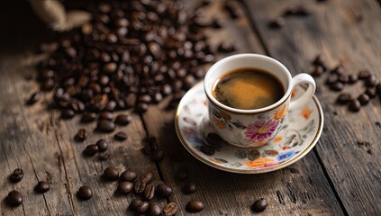 Espresso and coffee beans on a rustic wooden table