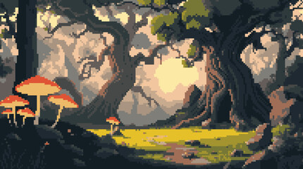 Pixelated Forest Clearing with Mushrooms and Mysterious Atmosphere