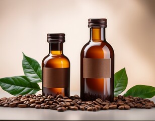 amber glass bottles with labels coffee beans and leaves