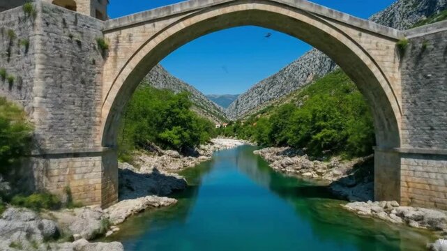 Ancient Stone Bridge Over Crystal River | Hidden Historical Landmark with Scenic Views, Clear Water, and Lush Nature in Mountain Valley,4k video

