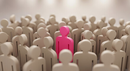 Stand out from the crowd A pink figure amidst white figures symbolizes individuality and uniqueness in a diverse community.