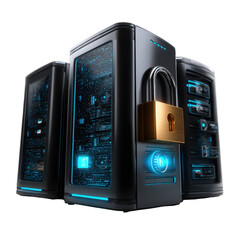 Obraz premium Advanced data center showcasing secured server towers with intricate technology elements integrated into a futuristic design