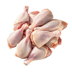 Fresh raw chicken drumsticks and thighs pile isolated on transparent background for cooking