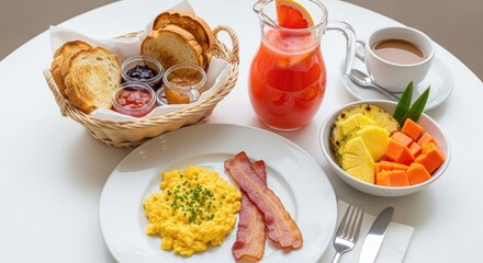 Bright breakfast spread featuring scrambled eggs, bacon, toast, juice, and tropical fruit
