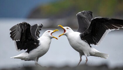 Two black-and-white birds face off, wings spread wide
