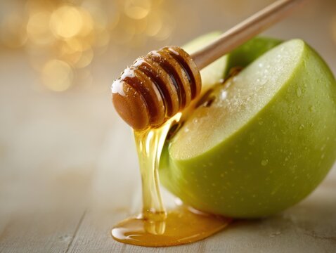 Green apple slice with honey drizzling on wooden table