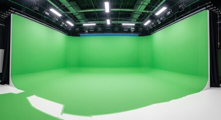 Brightly lit green screen studio with overhead lighting and white floor