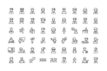 Diverse Collection of Education and Student Icons in Simple Line Art Style