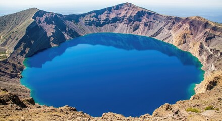 Breathtaking aerial view of a vibrant blue crater lake surrounded by rocky terrain