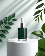 Serum bottle mockup product photography skincare beauty dropper leaves natural cosmetic presentation
