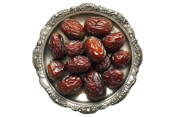 Top view of dried dates placed on a shiny silver tray high quality realistic image