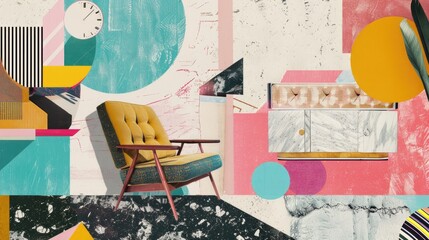 Abstract modern furniture mid-century collage interior scene with geometric shapes and textured background with paint splashes