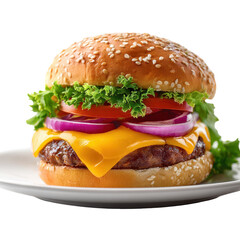 Delicious cheeseburger with lettuce, tomato, and onion served on a white plate