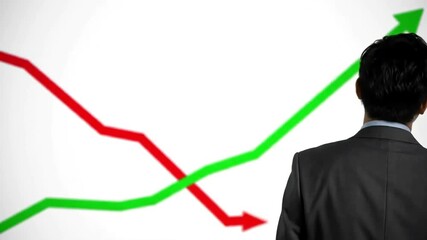 Businessman observes red falling, green rising arrows on white. Rear view of suit-clad figure against abstract market diagram - Powered by Adobe