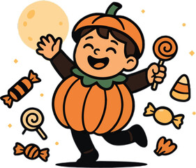 Joyful Halloween scenes with kids, ghosts, monsters, and pumpkins—flat vector style, bold lines, solid colors, clean minimal backgrounds, no gradients, all themed around happiness.