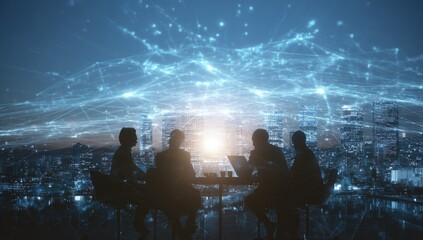 Silhouette of business people meeting at night with a network overlay