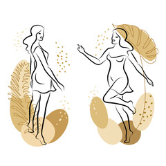 Collection. Silhouette of a cute lady and leaves of a plant. The girl is standing. The woman has a beautiful figure. She is young and slim. Vector illustration set.