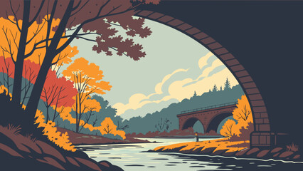Autumn landscape painting of river under bridge with fall foliage and serene nature scene illustration art