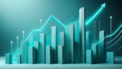 abstract 3d graphic showing teal bars and a rising line graph symbolizing growth success and upward financial trends