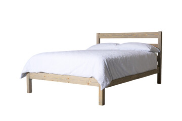 Wooden bed with white bedding, isolated on a transparent background (PNG).