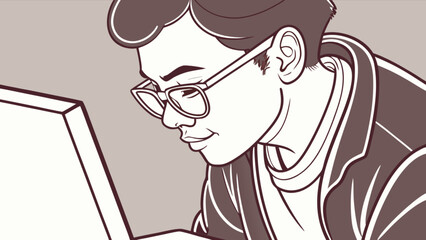 Illustration of a young man wearing glasses working on a computer for coding or design projects online now