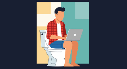 Man working on laptop while sitting on toilet -  illustration for articles about work-life balance or remote work.