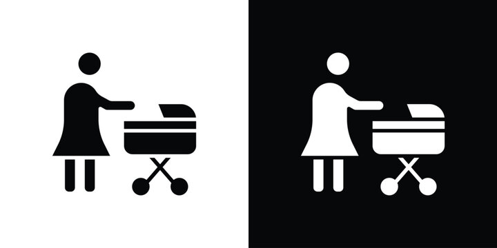 Woman with Baby Stroller icons. minimal single flat icon for application in black and white