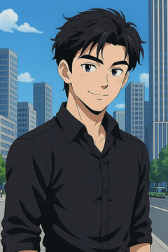 Smiling anime man in black shirt in a city scene