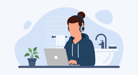 Person working on laptop in bathroom, perfect for articles about remote work, work-life balance, or flexible work arrangements.