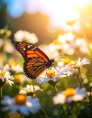 Fototapeta premium Monarch butterfly on a daisy flower field at sunrise