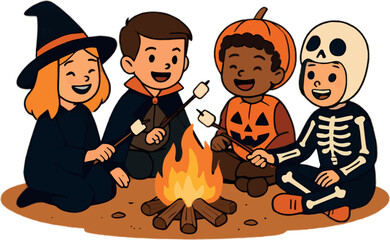 Joyful Halloween scenes with kids, ghosts, monsters, and pumpkins—flat vector style, bold lines, solid colors, clean minimal backgrounds, no gradients, all themed around happiness.