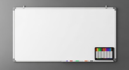 Clean Whiteboard with Markers, Ready for Ideas and Presentations, Isolated on Gray