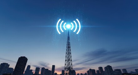 Cityscape Twilight with Illuminated Communication Tower and Signal