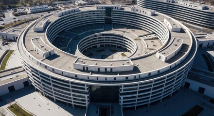 Circular Architecture: Aerial View of a Modern, Multi-Tiered Round Building with Central Courtyard