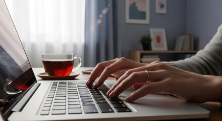 Closeup Hands Typing on Laptop with Warm Tea Nearby