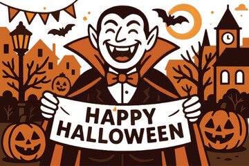 Joyful Halloween scenes with kids, ghosts, monsters, and pumpkins—flat vector style, bold lines, solid colors, clean minimal backgrounds, no gradients, all themed around happiness.