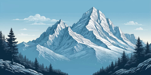 Fototapeta premium Snow-covered mountain peaks under a clear blue sky, a majestic winter landscape perfect for skiing and alpine adventures