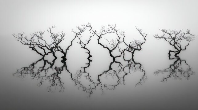 Bare trees reflected in a misty landscape